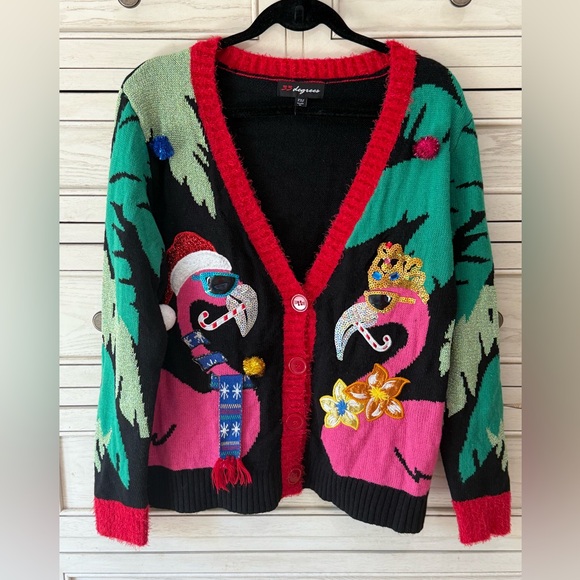 33 DEGREES FESTIVE UGLY CHRISTMAS FLAMINGO CARDIGAN SWEATER Size 2XL - Picture 1 of 6